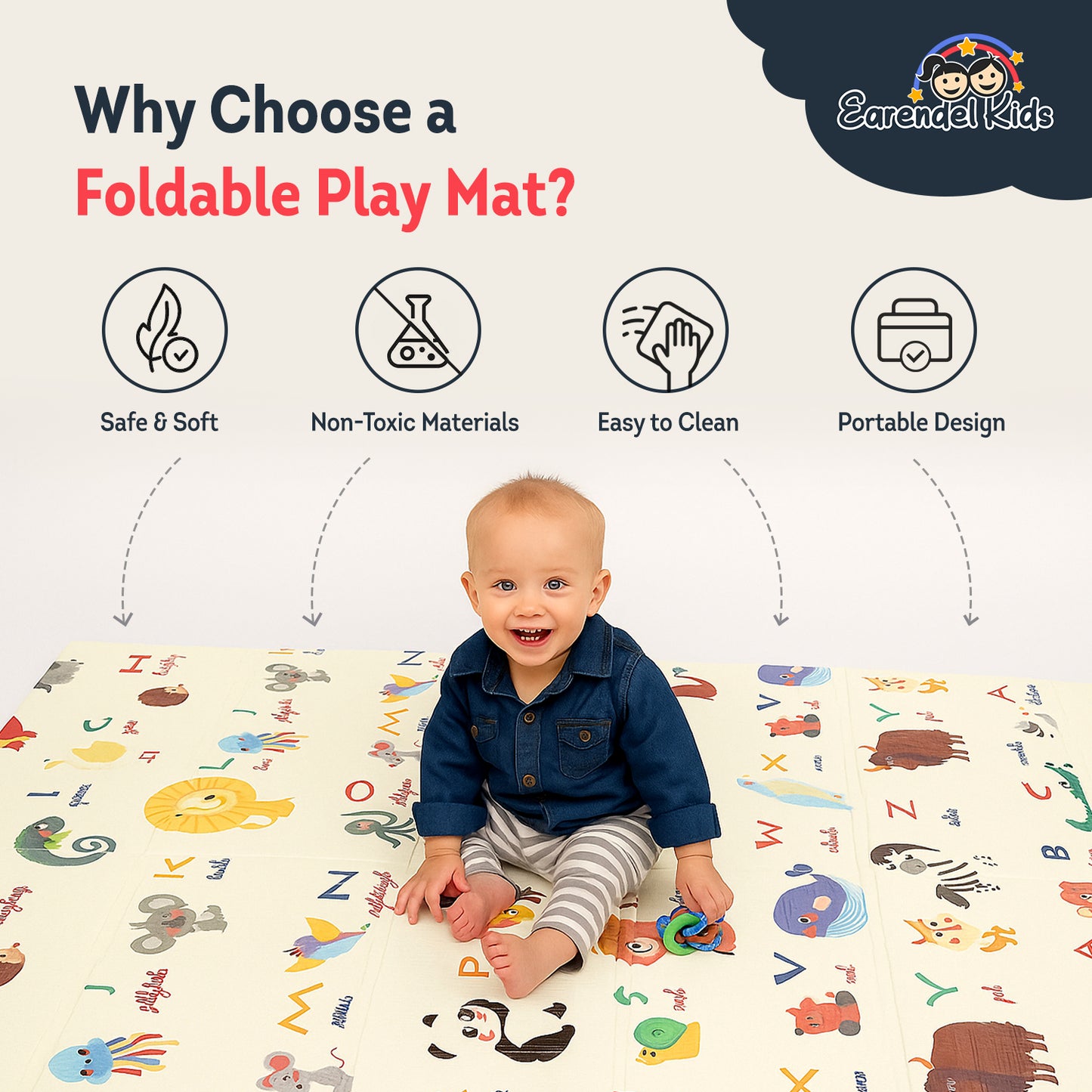 Alphabet Theme Foldable Baby Play Mat for Floor, Extra Large (180x150x6mm) Floor Mat for Crawling, Playing, & Tummy Time | Non-Toxic, Soft & Comfortable Kids Playmat