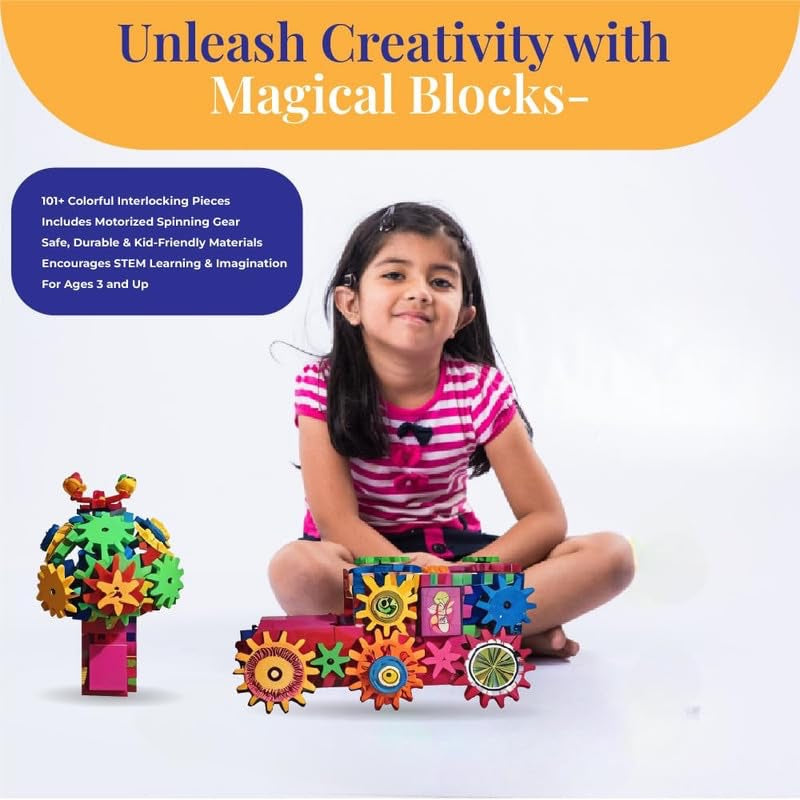 Earendel Kids Battery Operated Rotating Building Blocks with Gears & 1 AA Battery | STEM Learning Toy for Kids | Spinning Talent Puzzle for Toddlers | Educational Construction Set - 3+ Years